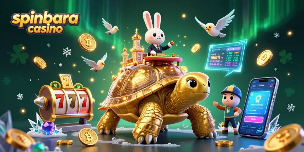 Spinbara casino features a vibrant 3D scene with a golden tortoise and playing elements, perfect for gaming.