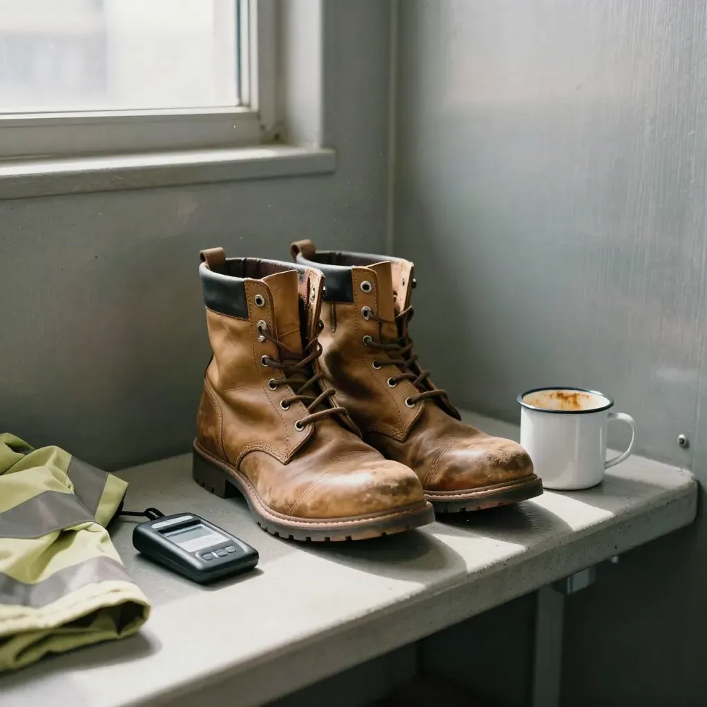 Banco de cambio laboral con botas, chaqueta alta visibilidad, lector de fichas y taza de café al sol.
