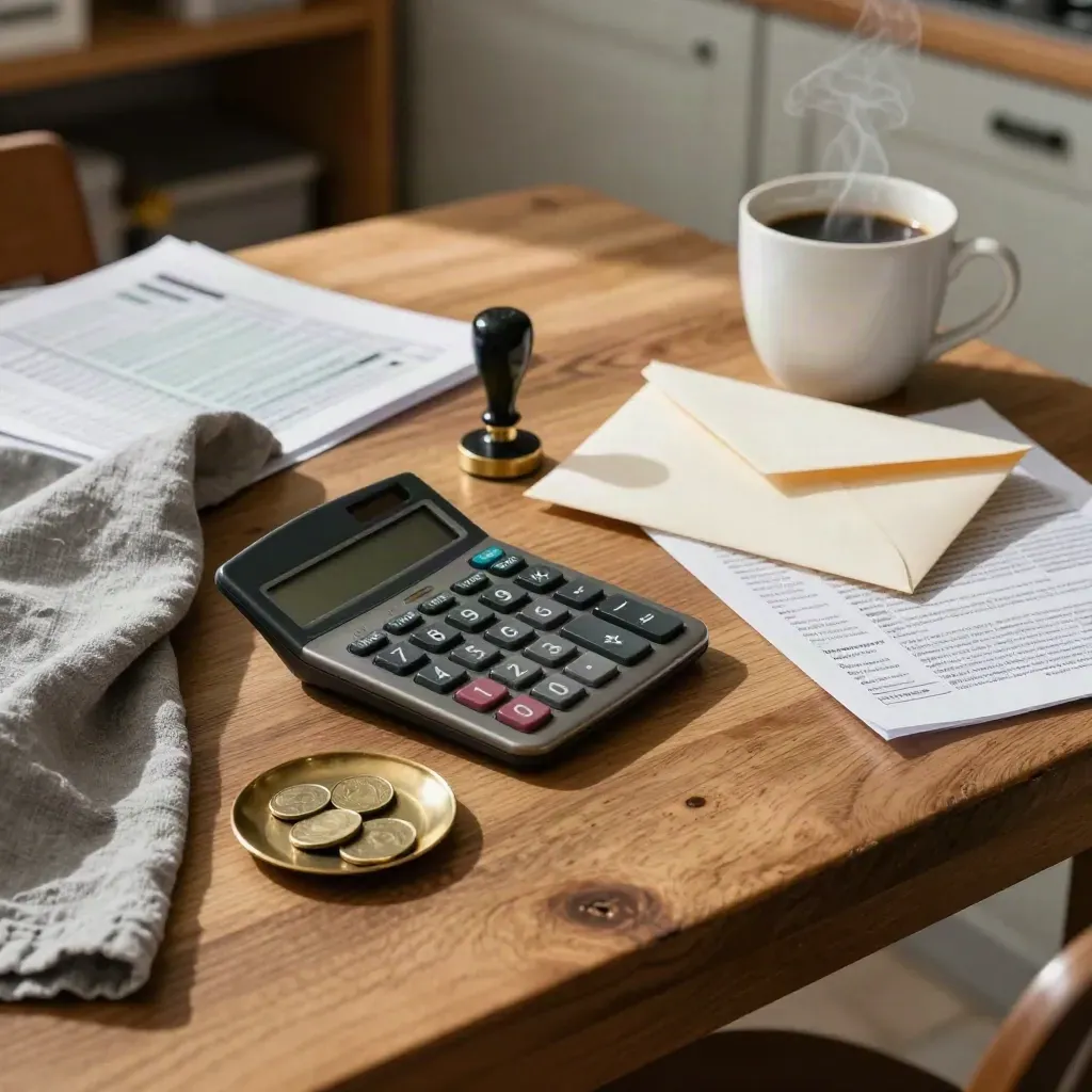Calculadora, sello de tinta, sobres y café en una mesa de cocina cálida.