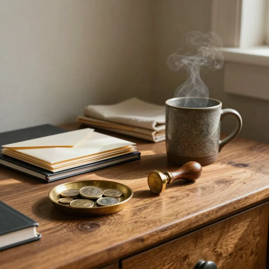 Esquina de oficina en casa con sello de latón, monedas, sobres doblados y taza de cerámica.