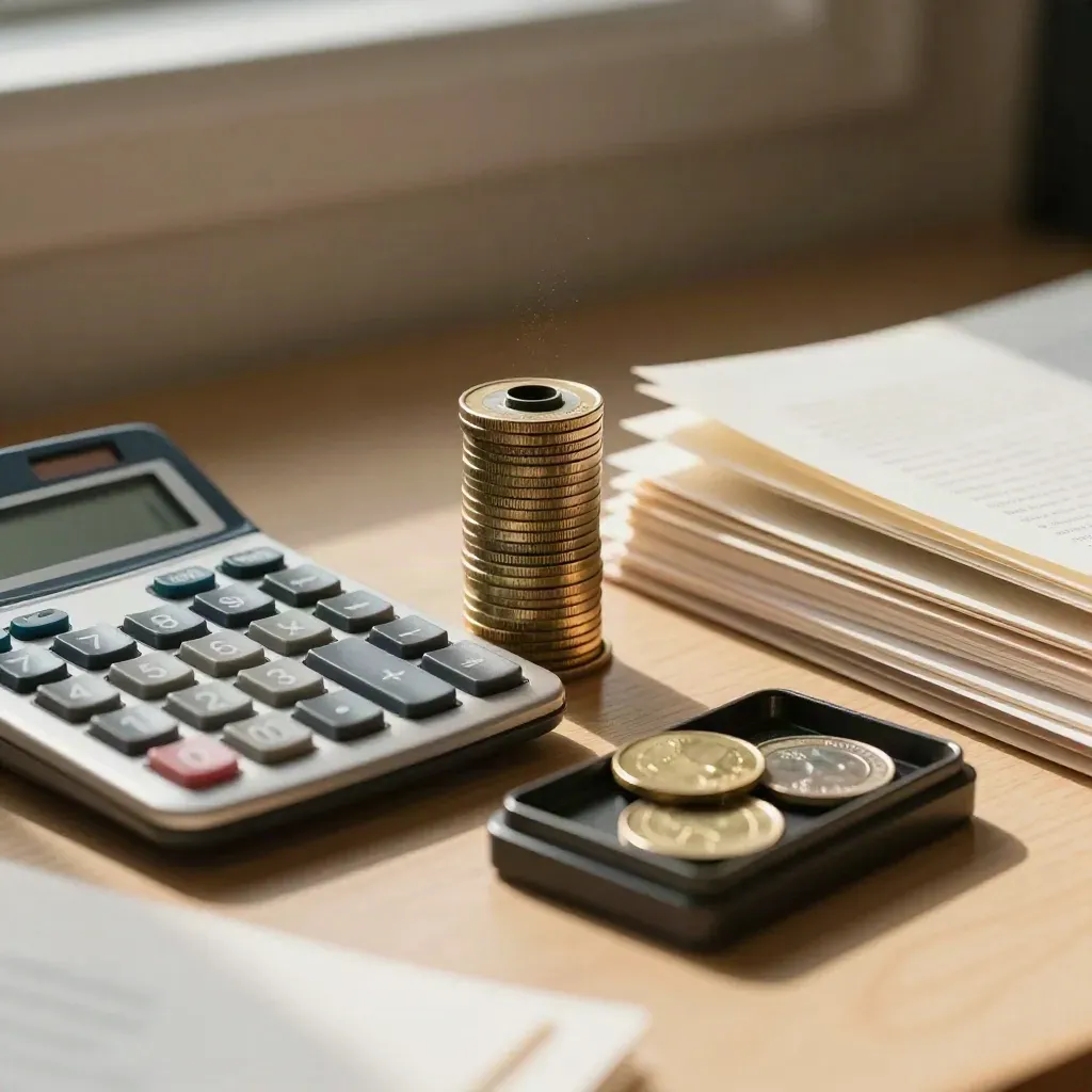 Calculadora, rollo de monedas y sello sobre una mesa de oficina cálida con documentos fiscales.