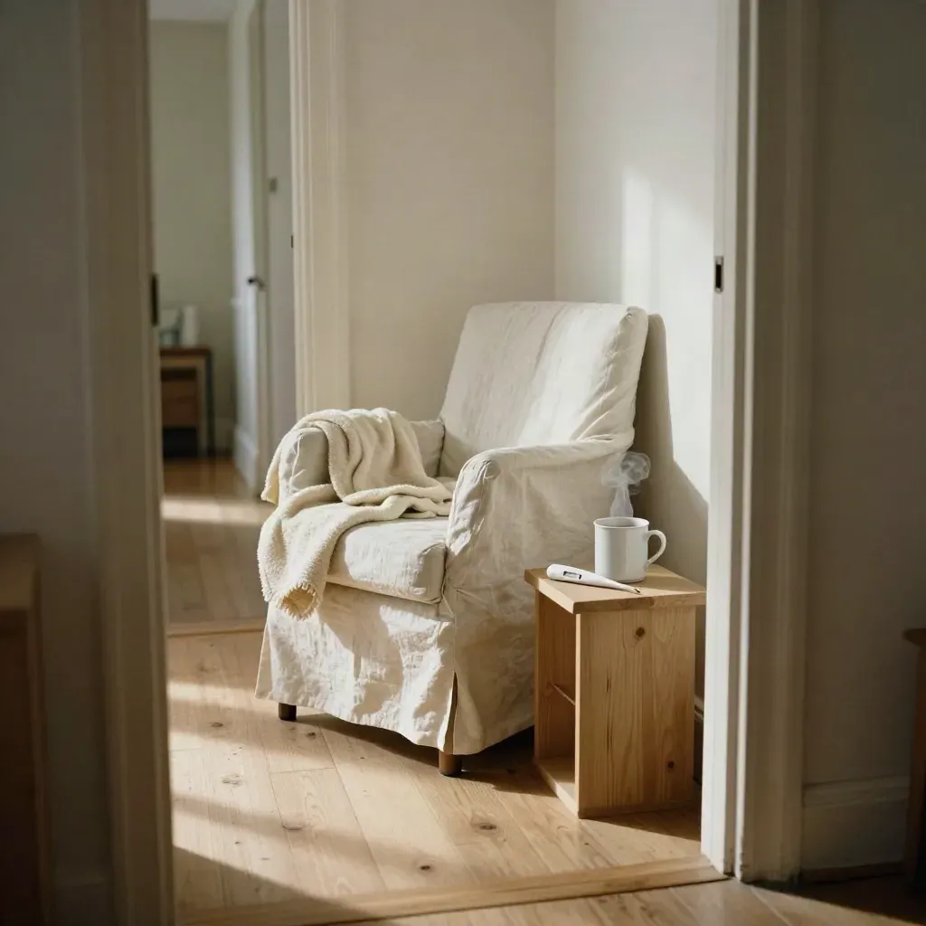 Rincón de recuperación con silla vacía, manta doblada, estuche de termómetro y taza junto a luz suave.