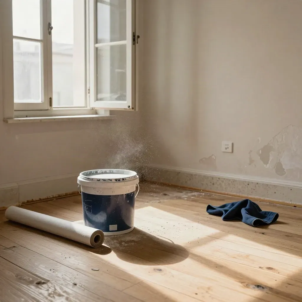 Habitación reformada con suelo levantado, cubo de pintura, ventana abierta y polvo en el aire.