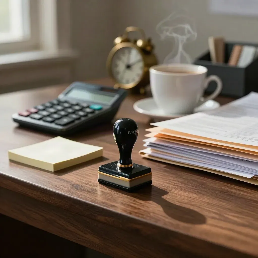 Calculadora, sello y taza de café en un escritorio fiscal con luz cálida
