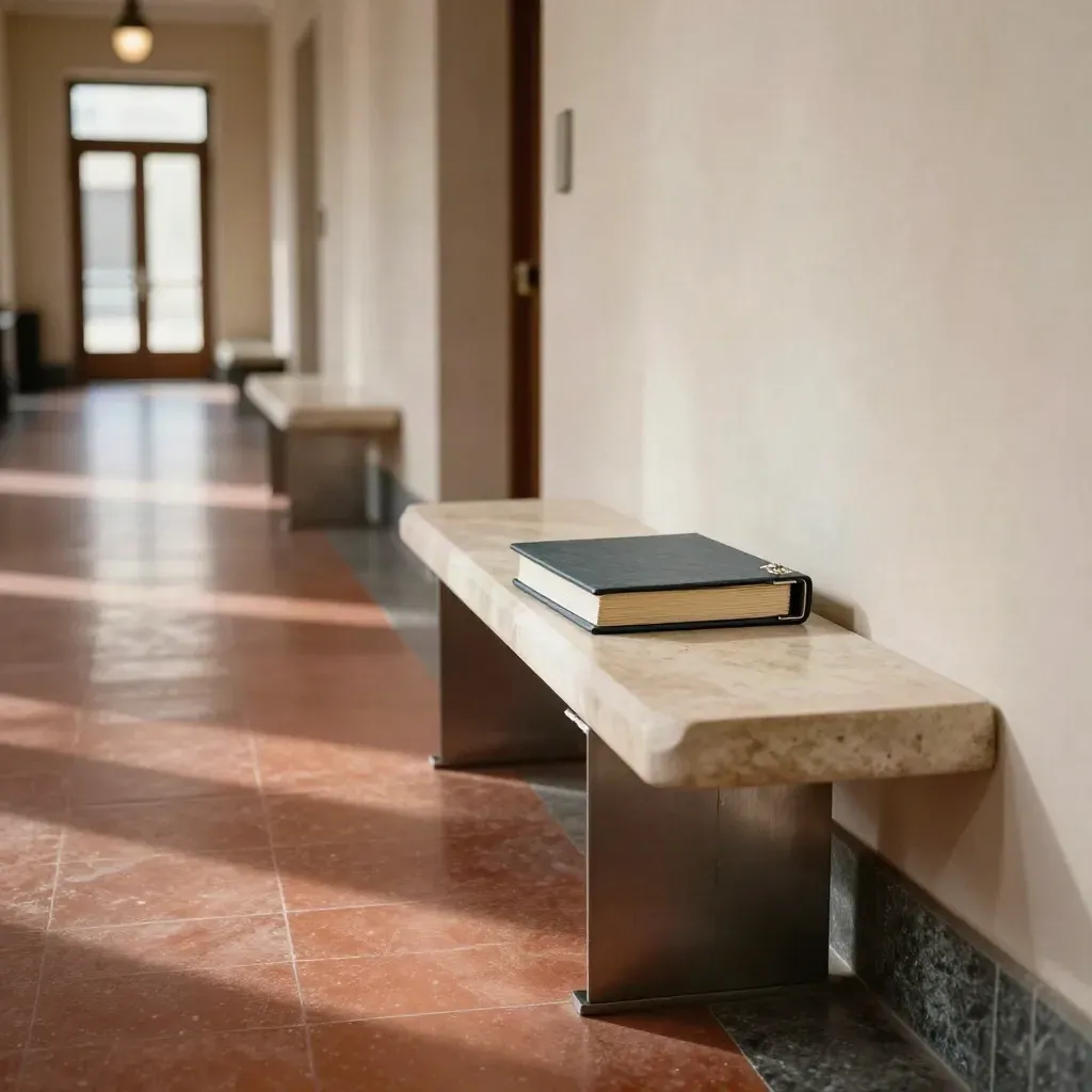 Pasillo de juzgado con banco, puerta de cristal y expediente sobre una mesa lateral.