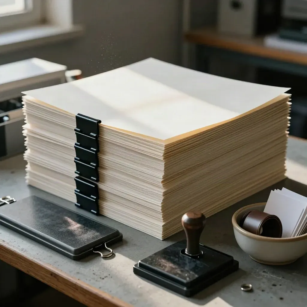 Pilas de papel, clips y tampón en una mesa de imprenta con luz cálida.