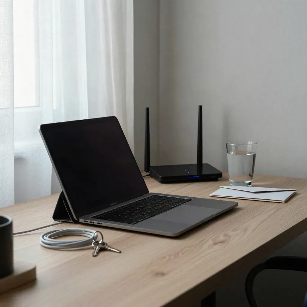 Tablet apagada, portátil cerrado, router y llaves junto a sobres en un escritorio doméstico.