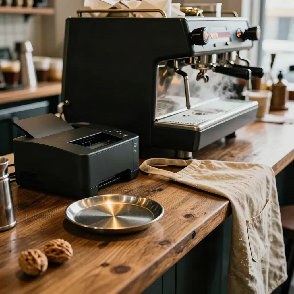 Mostrador de cafetería con monedas, impresora, cafetera espresso y delantal doblado