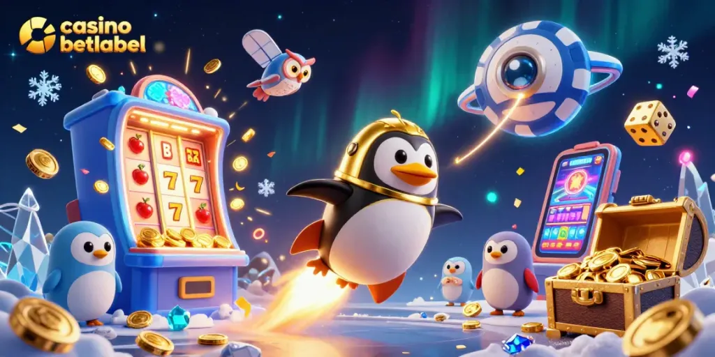 Experience the thrill of casino betlabel with a rocket-powered penguin in a vibrant, dynamic casino scene.