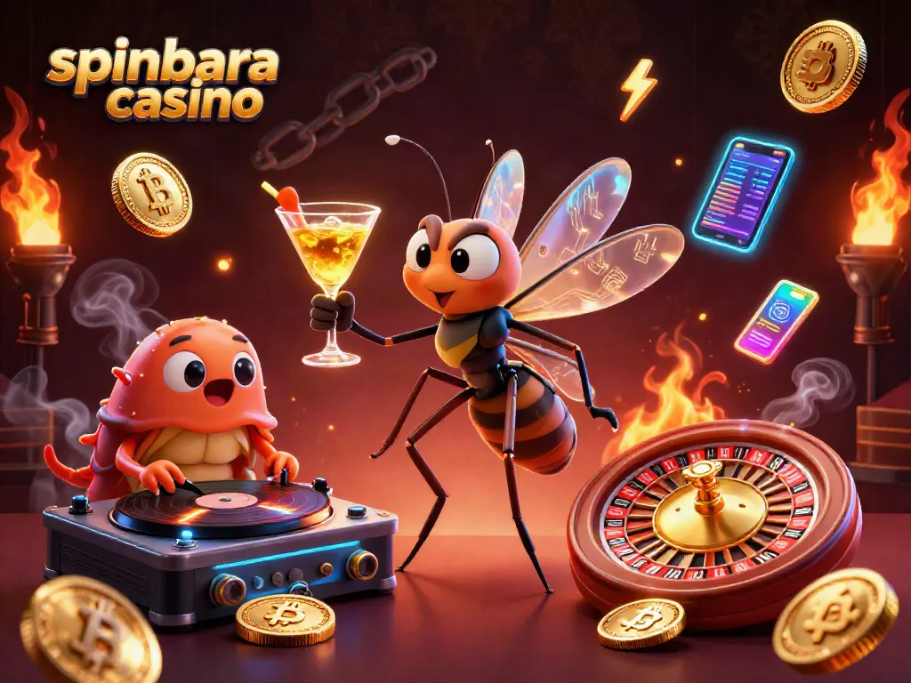Engage with spinbara casino's thrilling games in this vibrant 3D illustration featuring unique characters and crypto elements.